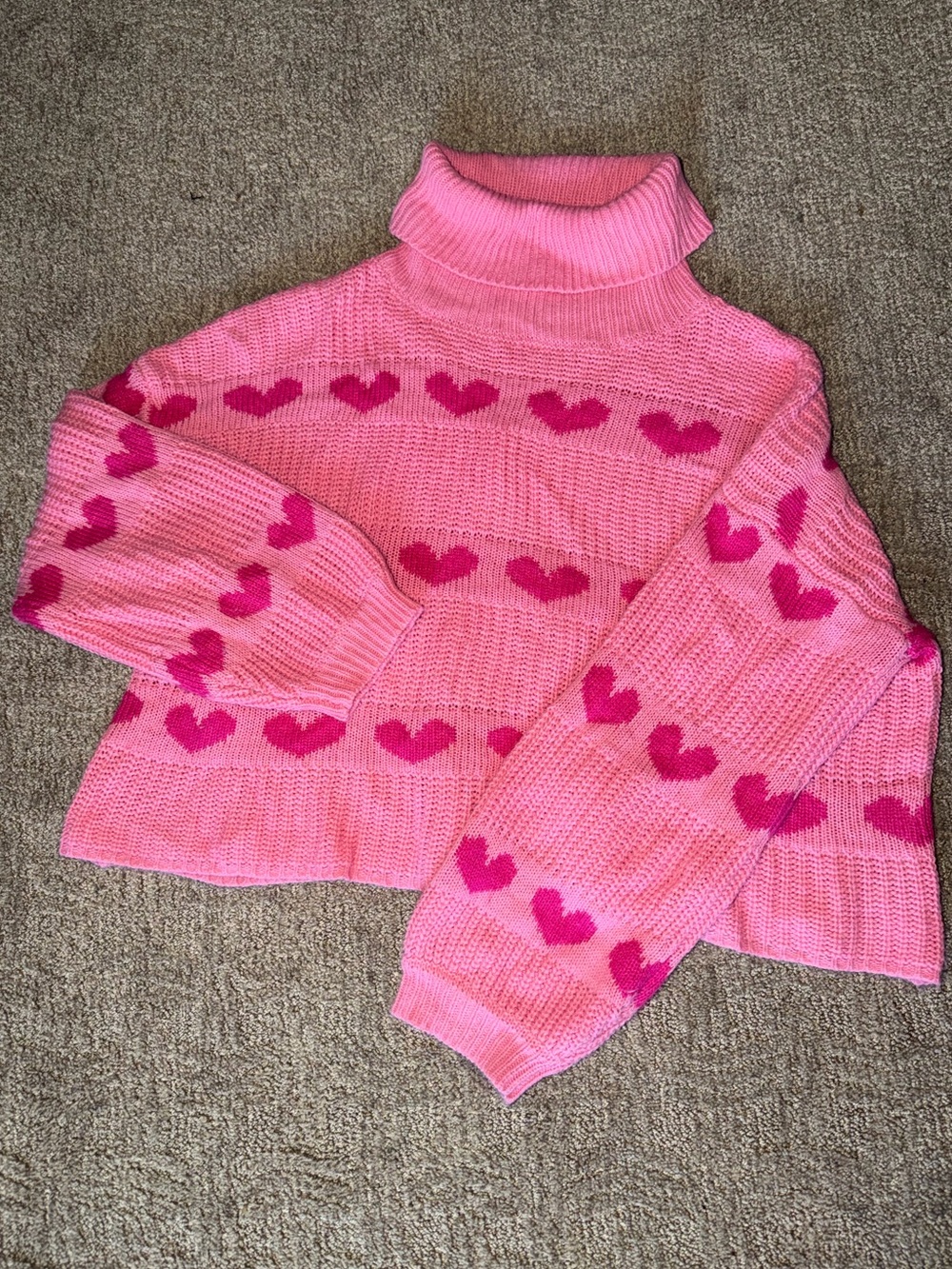 Francesca’s Pink Heart-Pattern Turtleneck Sweater in Hot Pink & Light Pink
